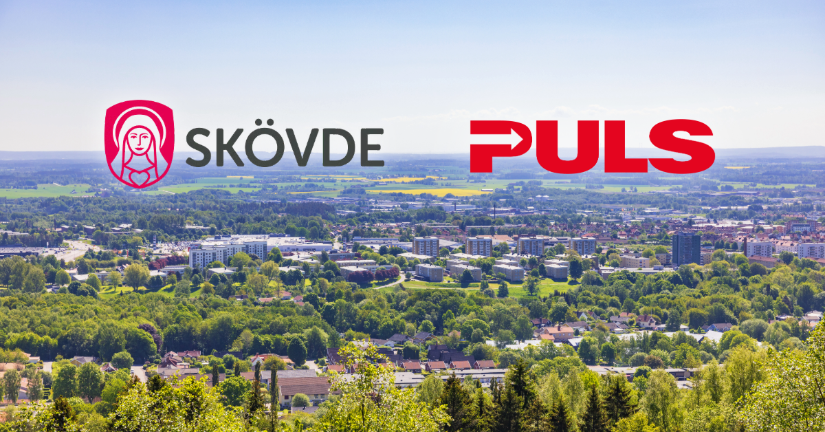 Landskapsbild över Skövde och Skövde kommuns logga samt Puls logga